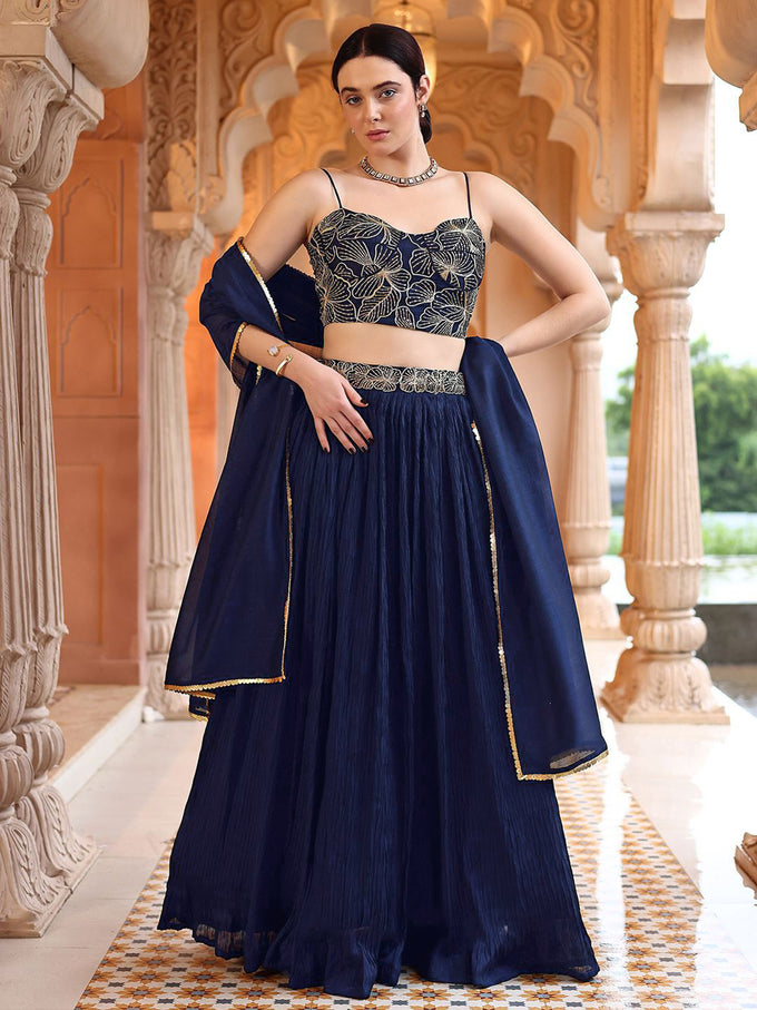 Navyblue Art Silk Embroidery With Sequence Work Lehenga Choli Blouse with Dupatta