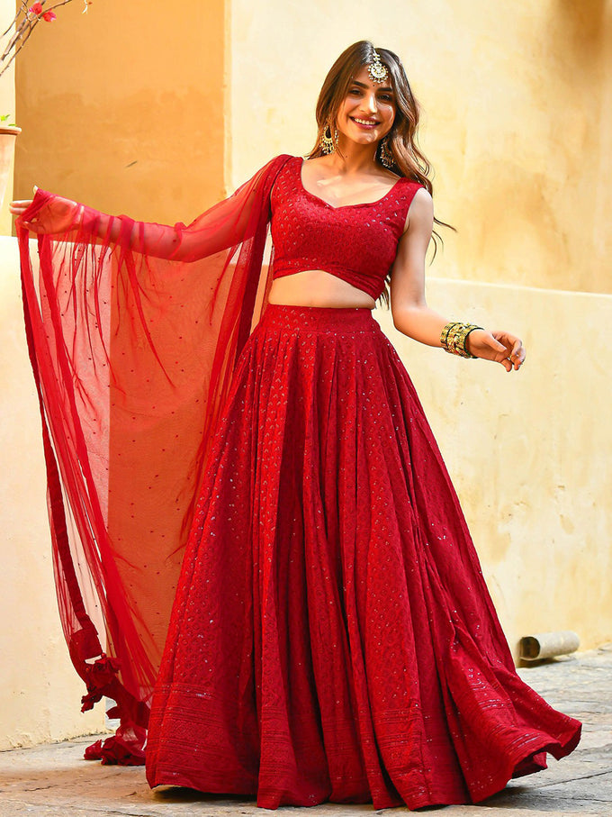 Red Georgette Embroidery Work Lehenga Choli Unstitch Blouse With Dupatta For Women
