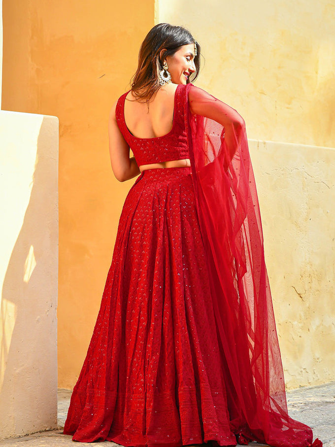 Red Georgette Embroidery Work Lehenga Choli Unstitch Blouse With Dupatta For Women