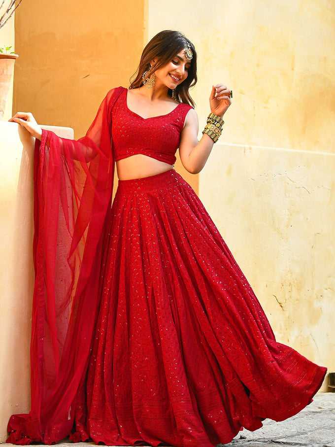 Red Georgette Embroidery Work Lehenga Choli Unstitch Blouse With Dupatta For Women