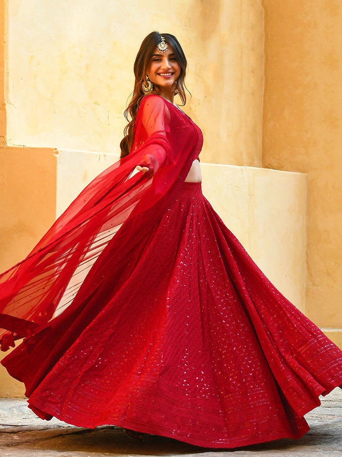 Red Georgette Embroidery Work Lehenga Choli Unstitch Blouse With Dupatta For Women