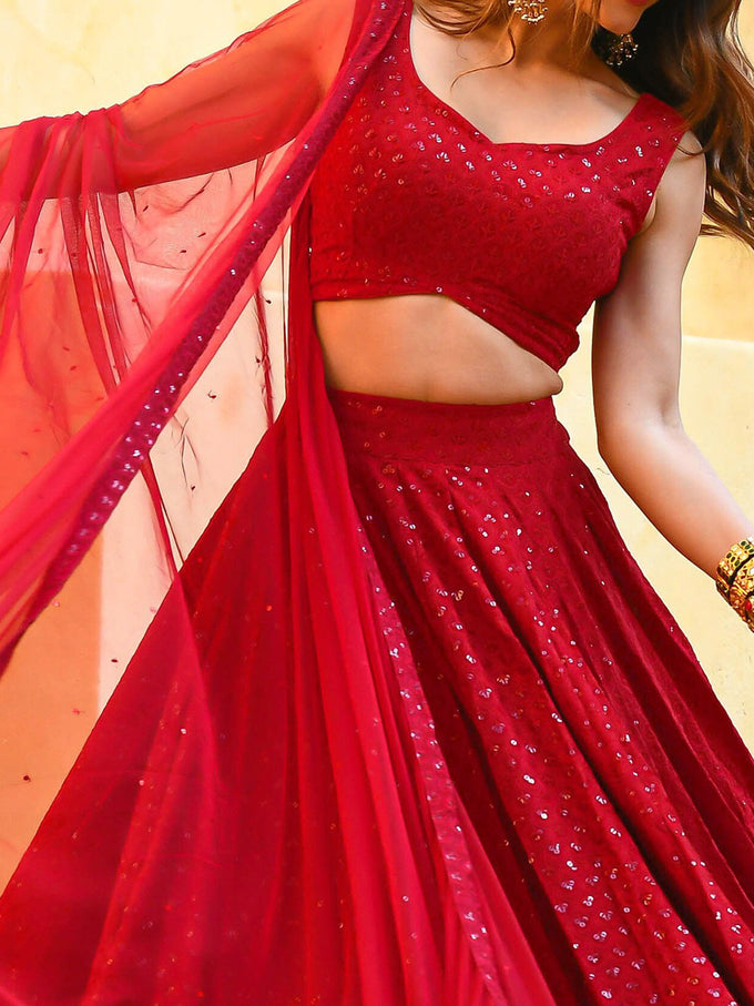 Red Georgette Embroidery Work Lehenga Choli Unstitch Blouse With Dupatta For Women