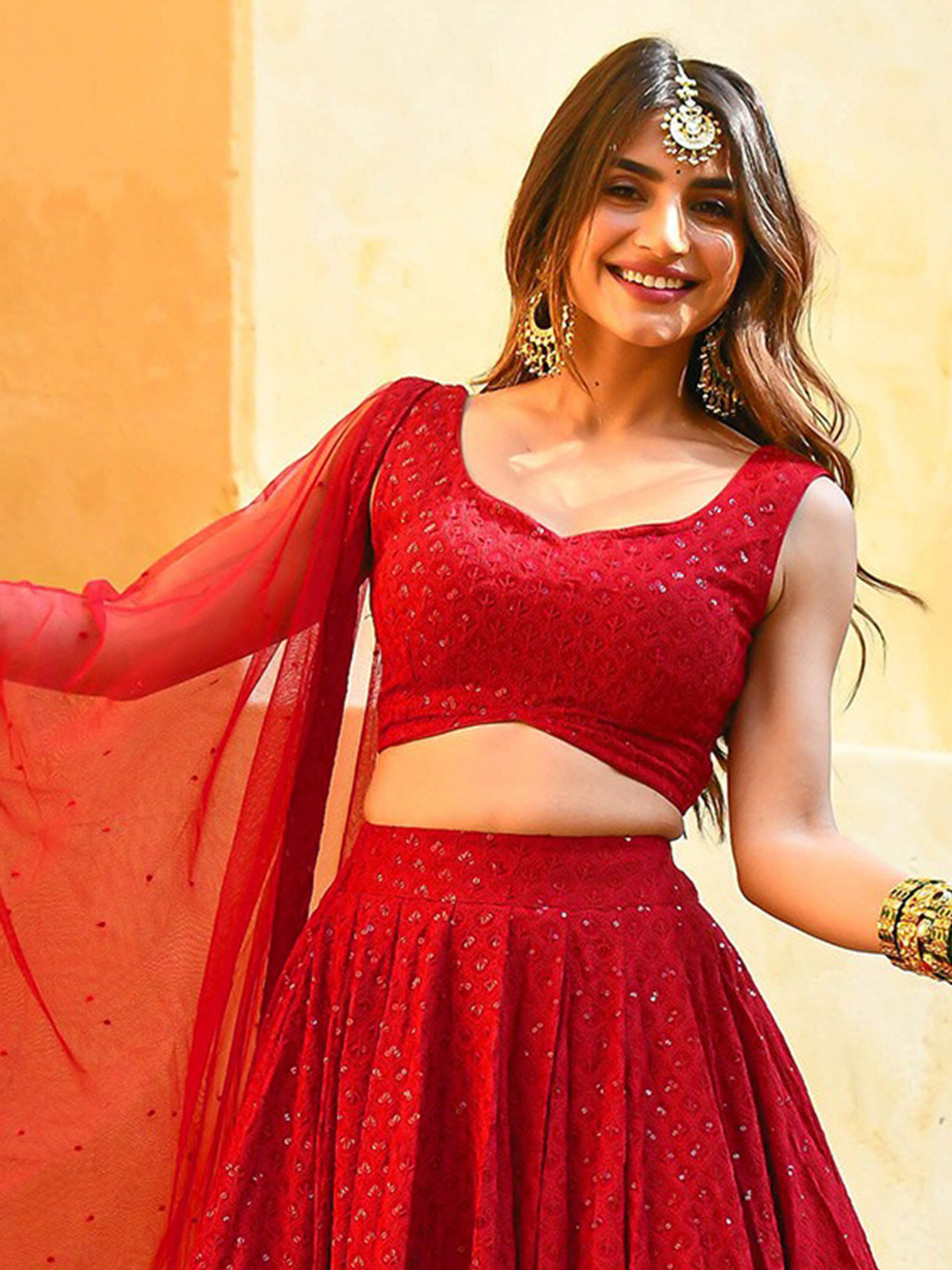 Red Georgette Embroidery Work Lehenga Choli Unstitch Blouse With Dupatta For Women