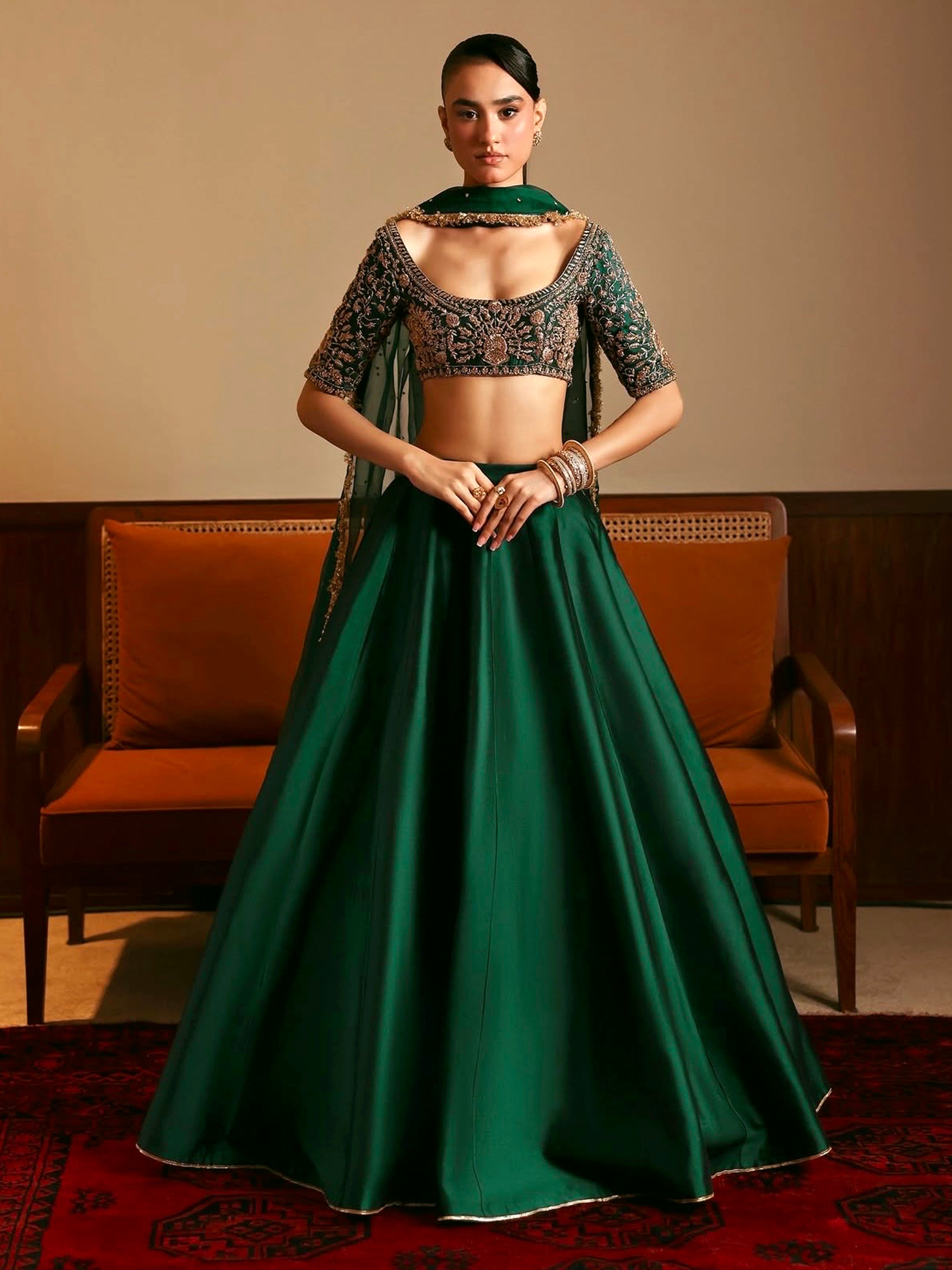 Darkgreen Satin Embroidery With Sequence Work Lehenga Choli Blouse with Dupatta
