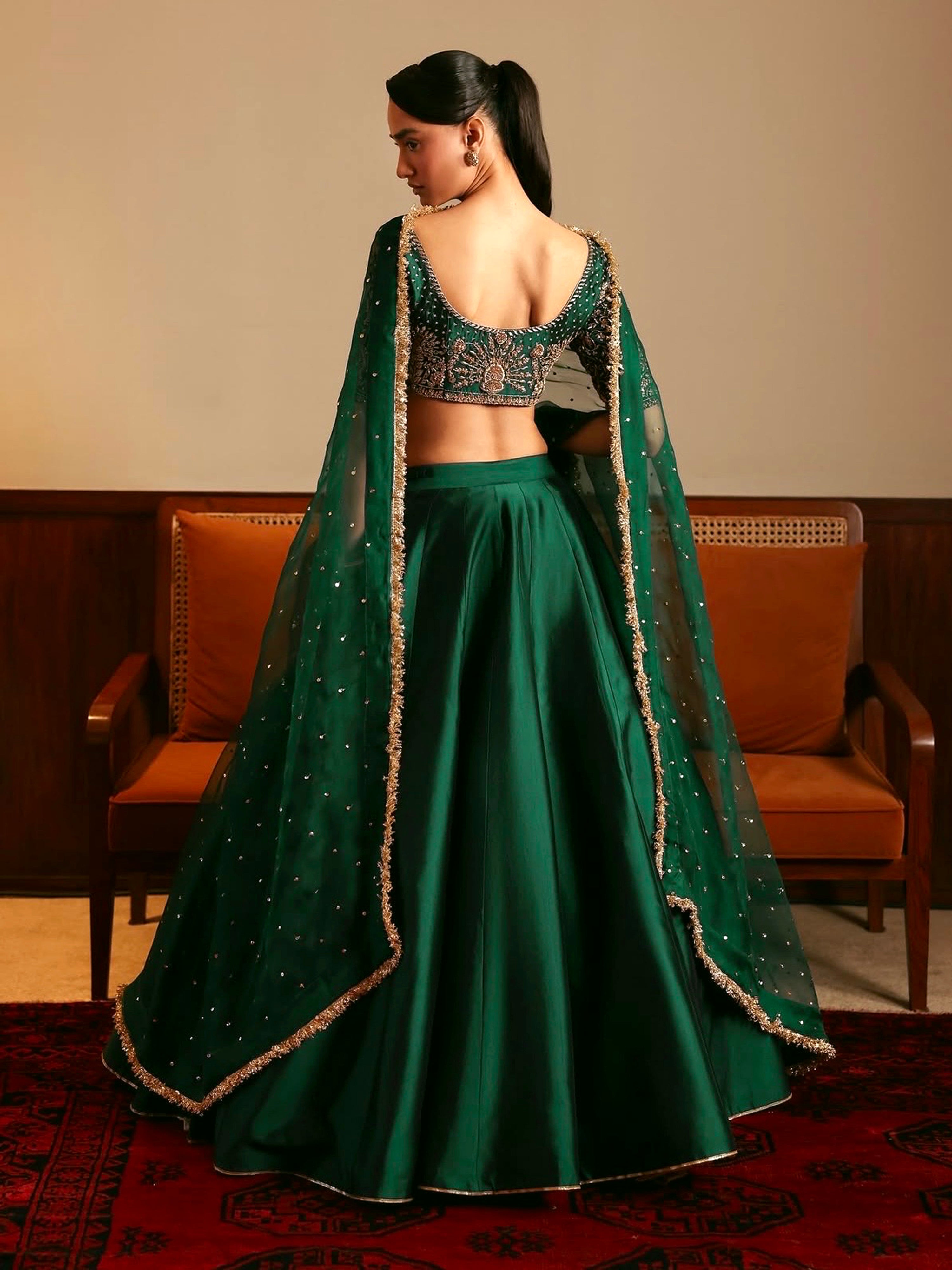 Darkgreen Satin Embroidery With Sequence Work Lehenga Choli Blouse with Dupatta