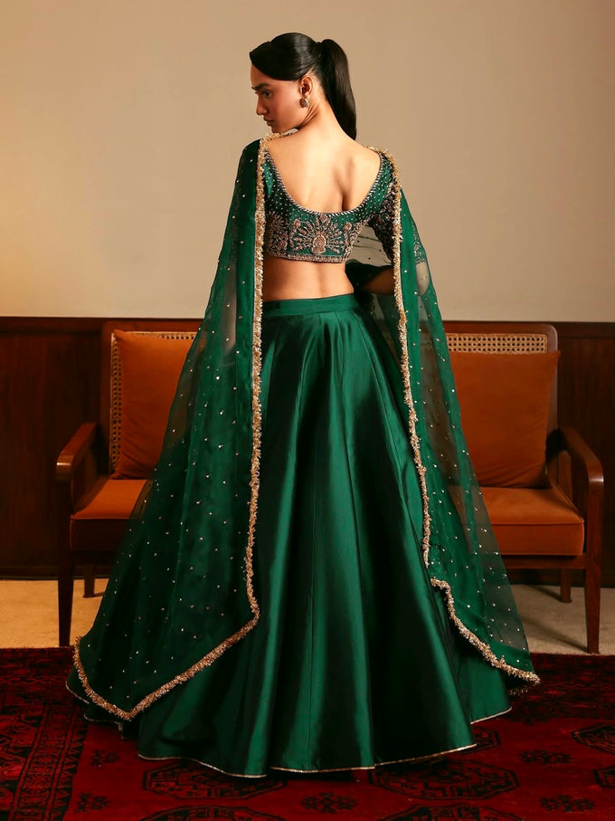Darkgreen Satin Embroidery With Sequence Work Lehenga Choli Blouse with Dupatta