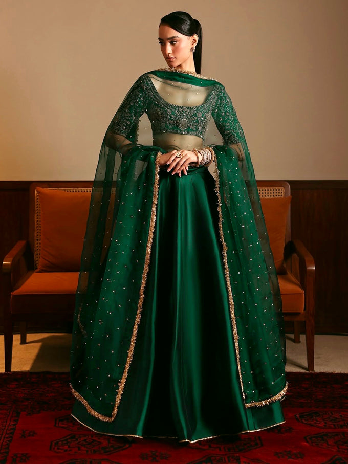 Darkgreen Satin Embroidery With Sequence Work Lehenga Choli Blouse with Dupatta