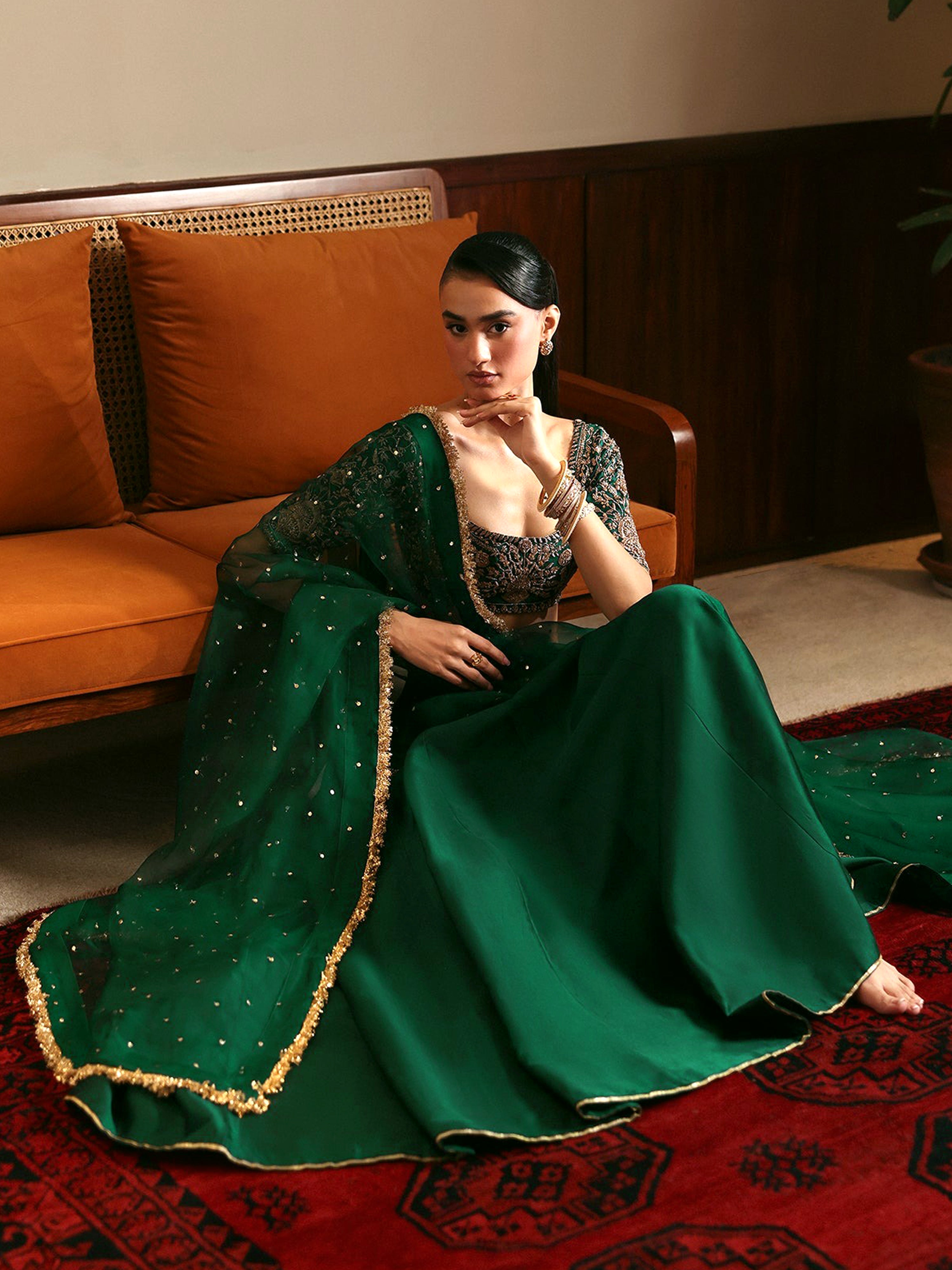 Darkgreen Satin Embroidery With Sequence Work Lehenga Choli Blouse with Dupatta