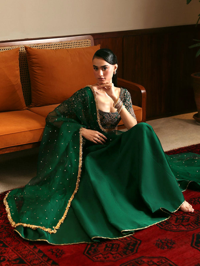 Darkgreen Satin Embroidery With Sequence Work Lehenga Choli Blouse with Dupatta