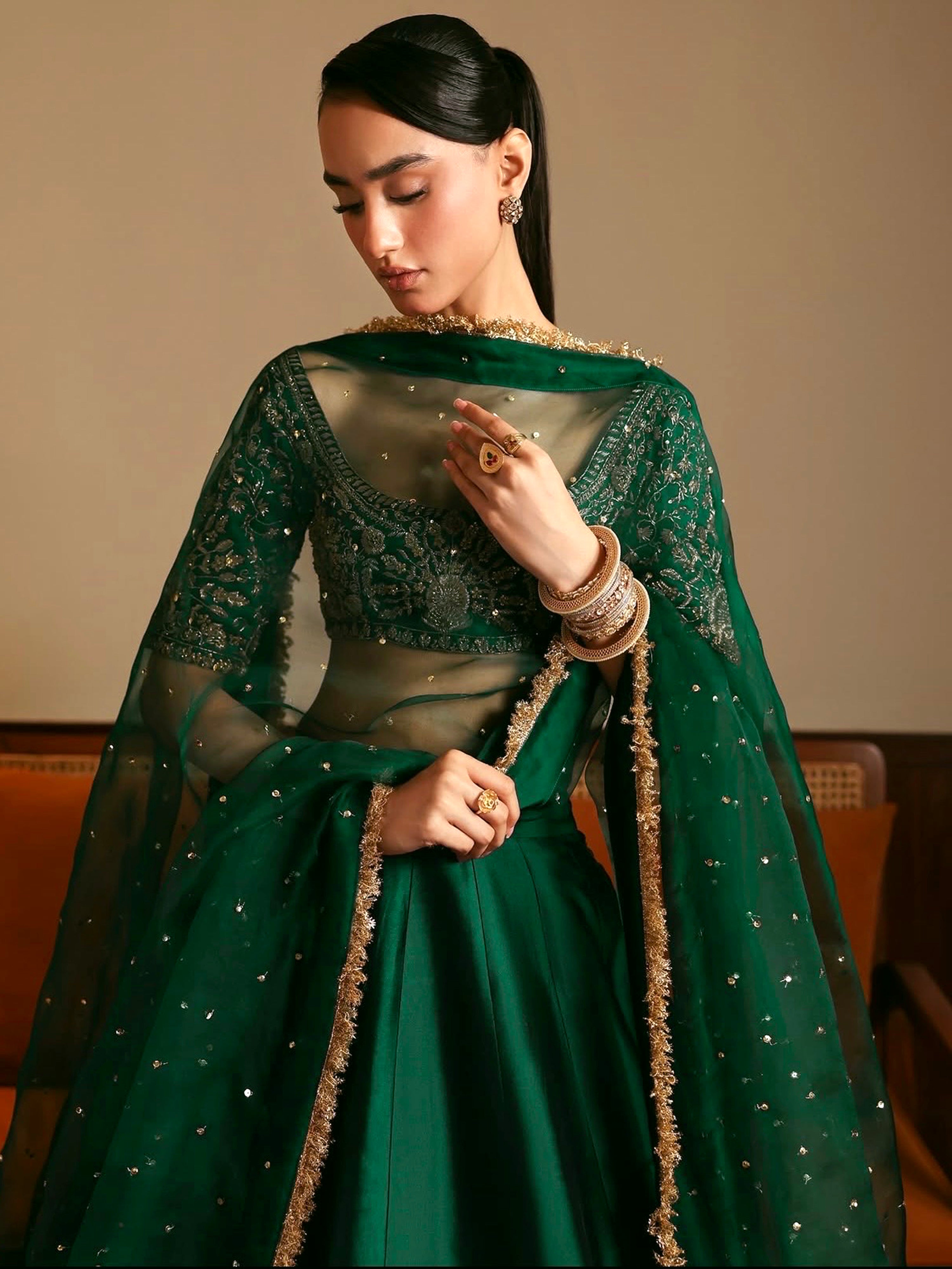 Darkgreen Satin Embroidery With Sequence Work Lehenga Choli Blouse with Dupatta