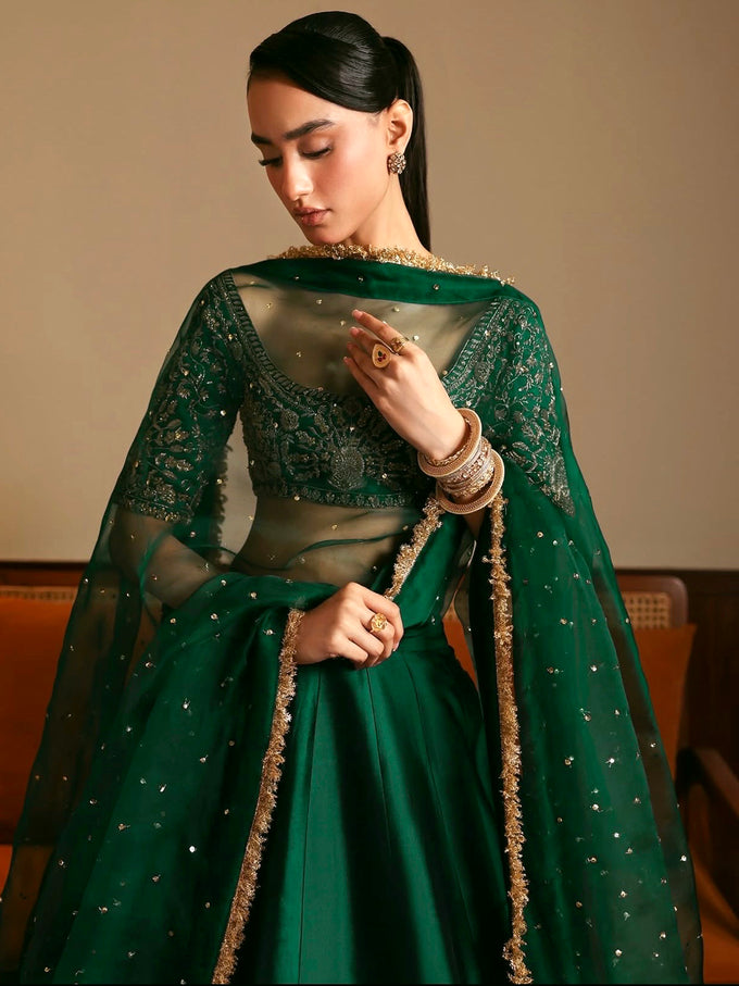 Darkgreen Satin Embroidery With Sequence Work Lehenga Choli Blouse with Dupatta