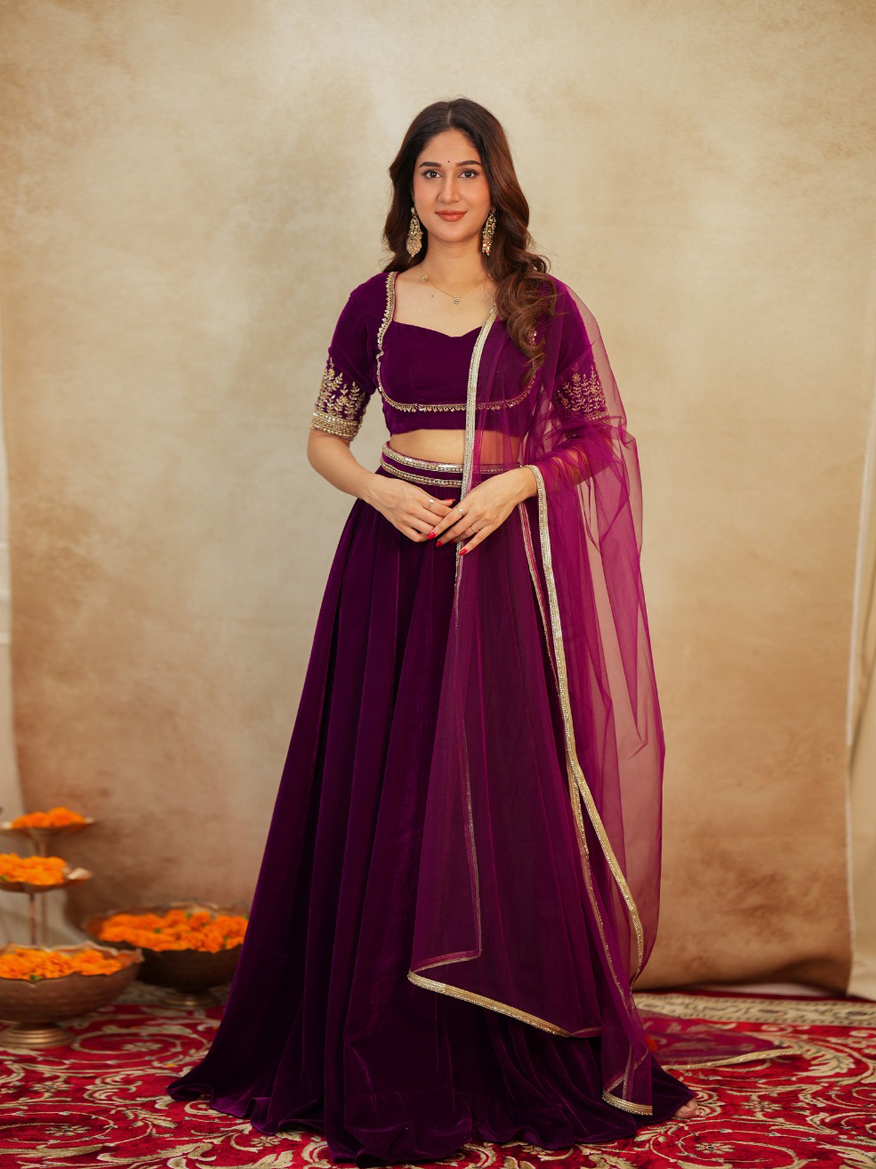 Purple Velvet Embroidery Sequence Work Lehenga Choli Blouse with Dupatta