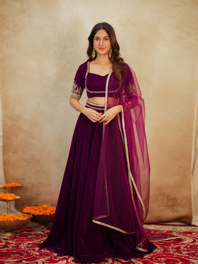 Purple Velvet Embroidery Sequence Work Lehenga Choli Blouse with Dupatta