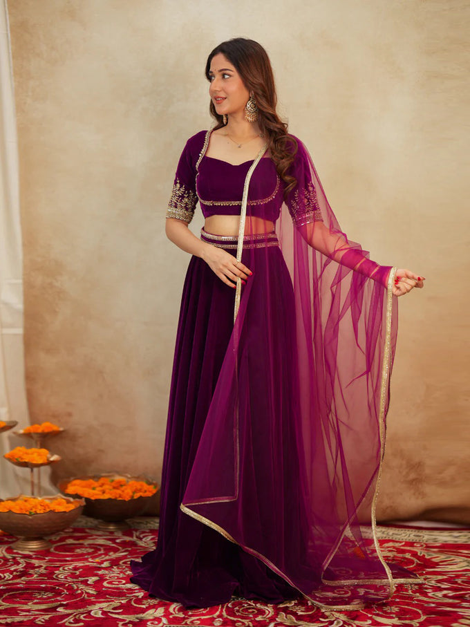 Purple Velvet Embroidery Sequence Work Lehenga Choli Blouse with Dupatta