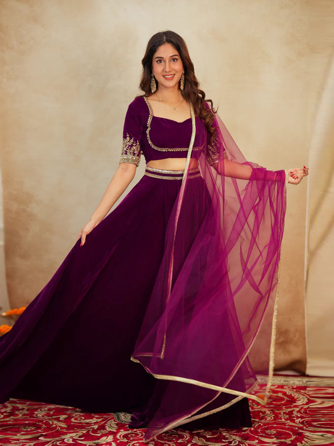 Purple Velvet Embroidery Sequence Work Lehenga Choli Blouse with Dupatta
