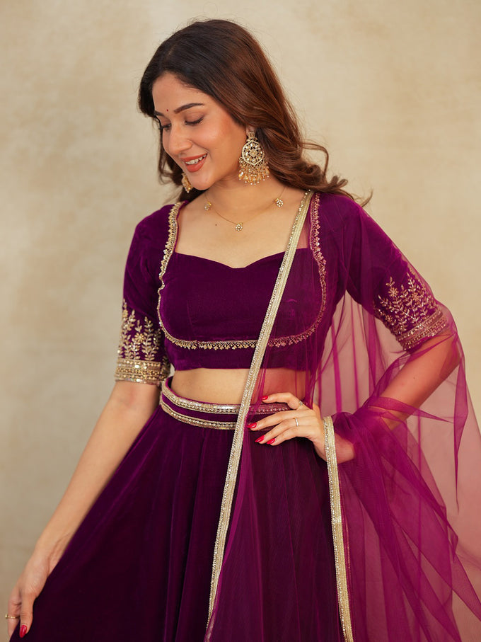 Purple Velvet Embroidery Sequence Work Lehenga Choli Blouse with Dupatta