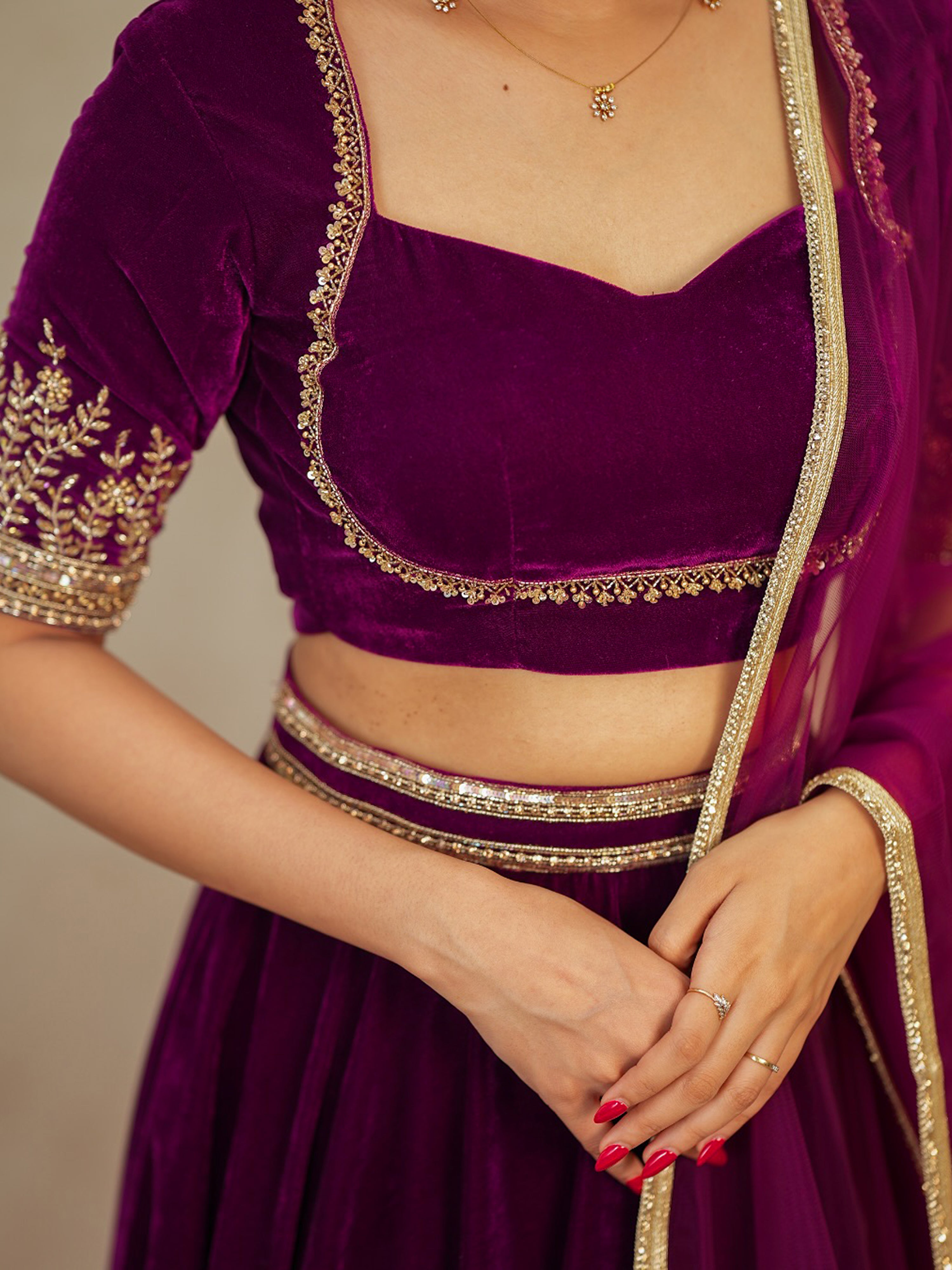 Purple Velvet Embroidery Sequence Work Lehenga Choli Blouse with Dupatta