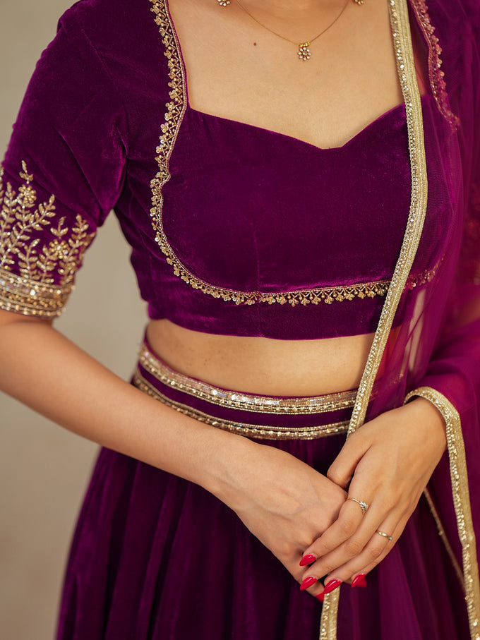 Purple Velvet Embroidery Sequence Work Lehenga Choli Blouse with Dupatta