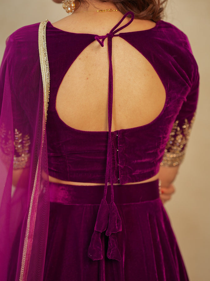 Purple Velvet Embroidery Sequence Work Lehenga Choli Blouse with Dupatta
