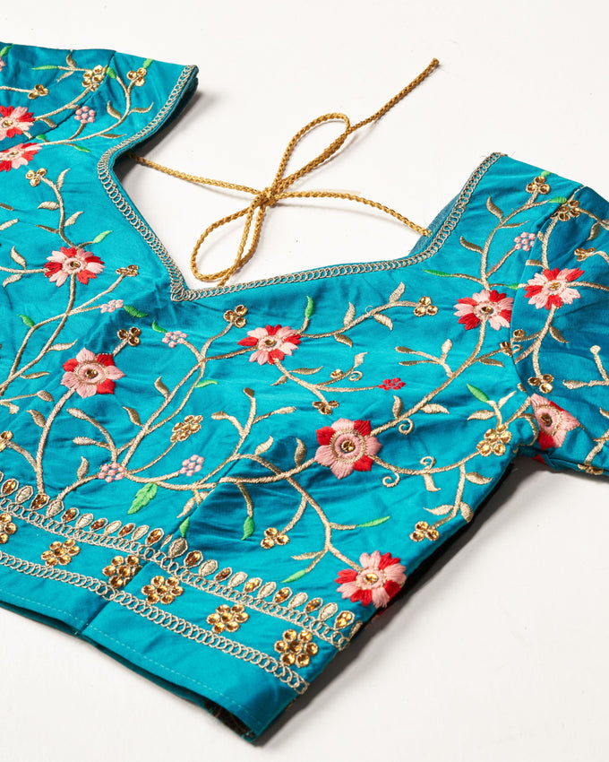 Turquoise Satin Embroidery Lehenga Choli With Dupatta For Women's Trendmalls