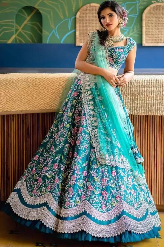 Turquoise Satin Embroidery Lehenga Choli With Dupatta For Women's Trendmalls