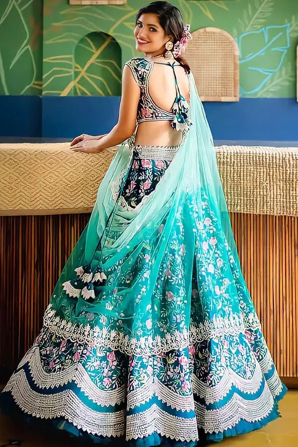 Turquoise Satin Embroidery Lehenga Choli With Dupatta For Women's Trendmalls