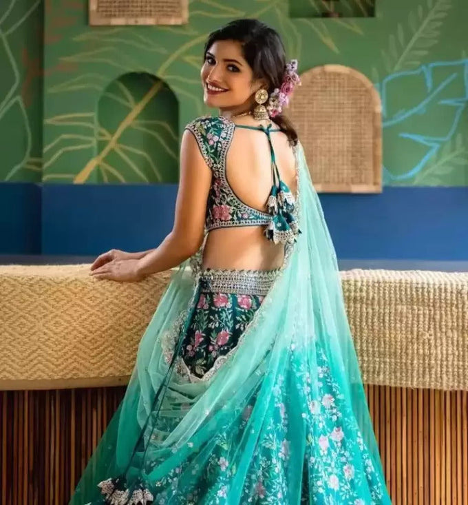 Turquoise Satin Embroidery Lehenga Choli With Dupatta For Women's Trendmalls