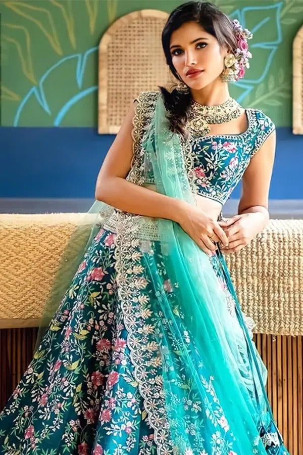 Turquoise Satin Embroidery Lehenga Choli With Dupatta For Women's Trendmalls