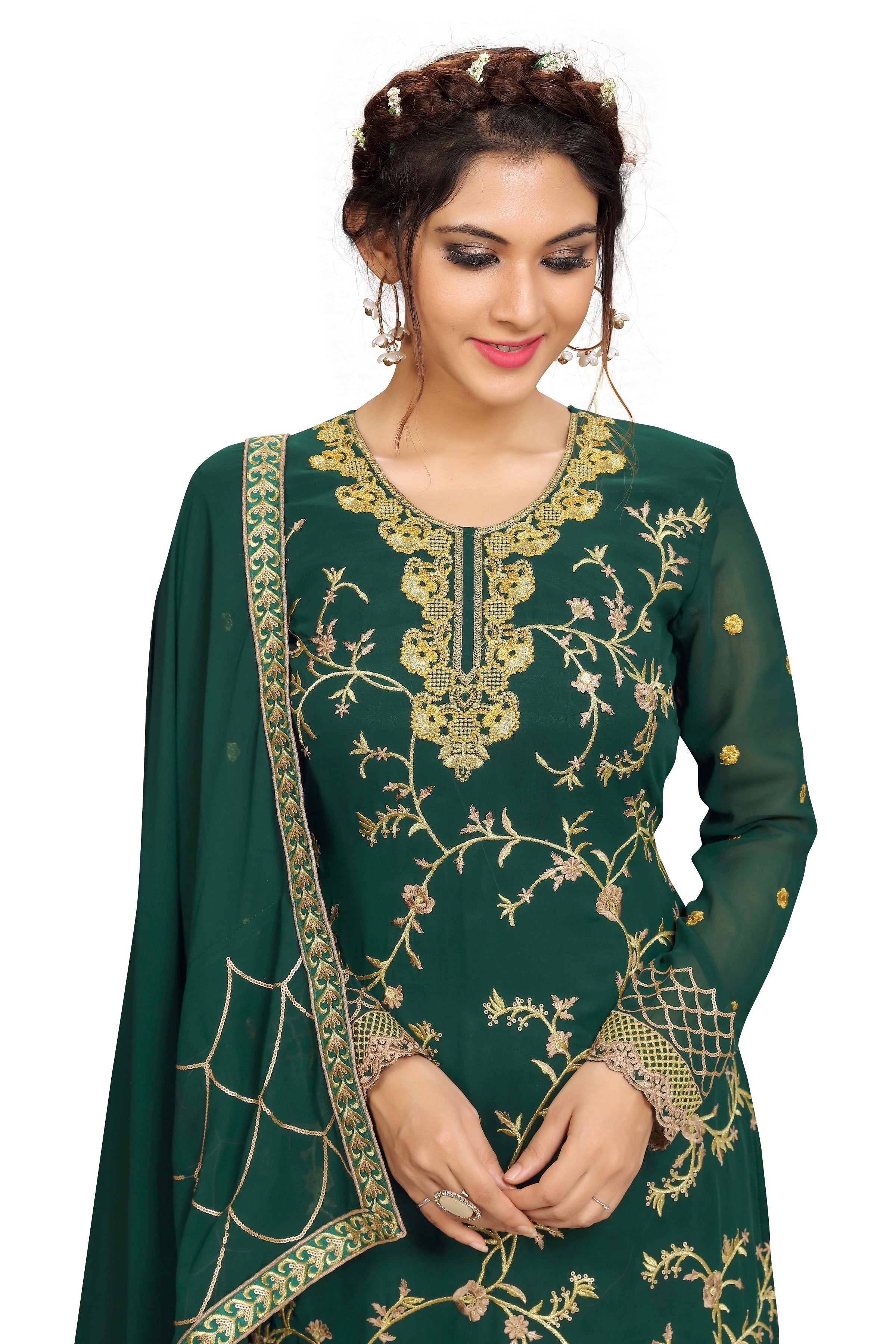 Georgette Embroidery Salwar Suit Set Kurta Sharara with Dupatta Green Kurta Set for Women Trendmallsin