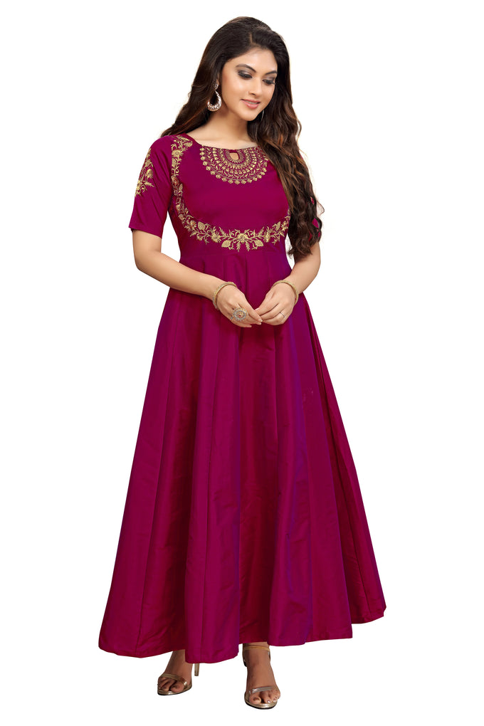 Leeva Silk Embroidery Anarkali Kurti Claf-Long Short Sleeve Kurti for Woman Trendmallsin