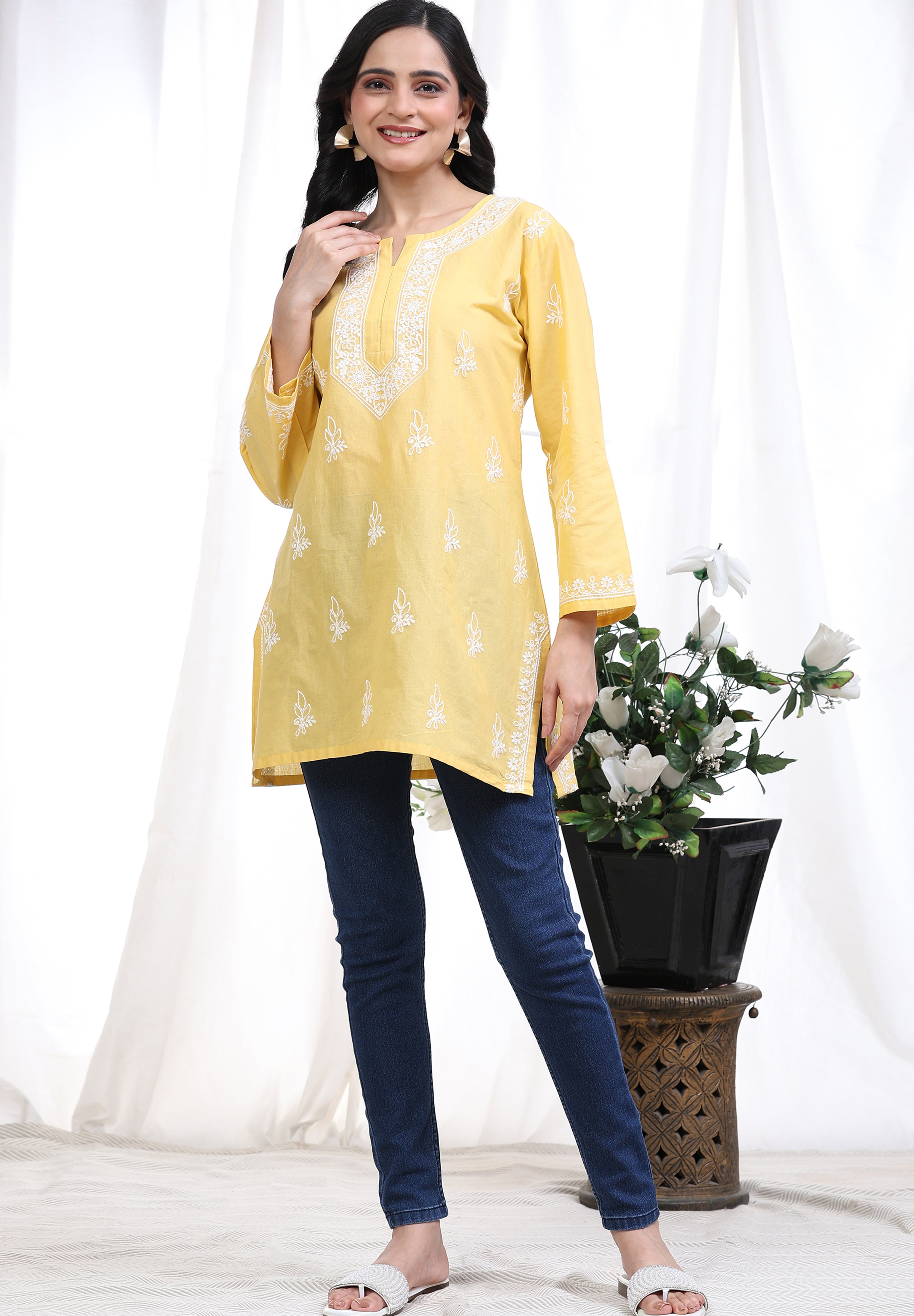 Cotton Embroidery Lucknowi Chikankari Kurta - Long Sleeve Straight Short Kurta for Women Trendmalls