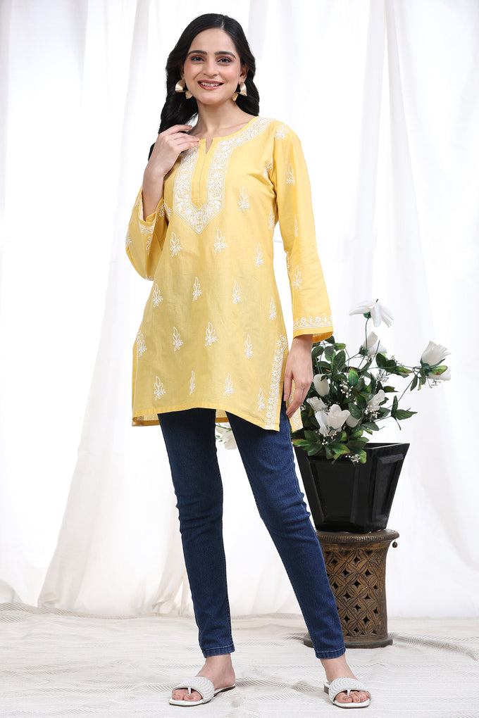 Cotton Embroidery Lucknowi Chikankari Kurta - Long Sleeve Straight Short Kurta for Women Trendmalls