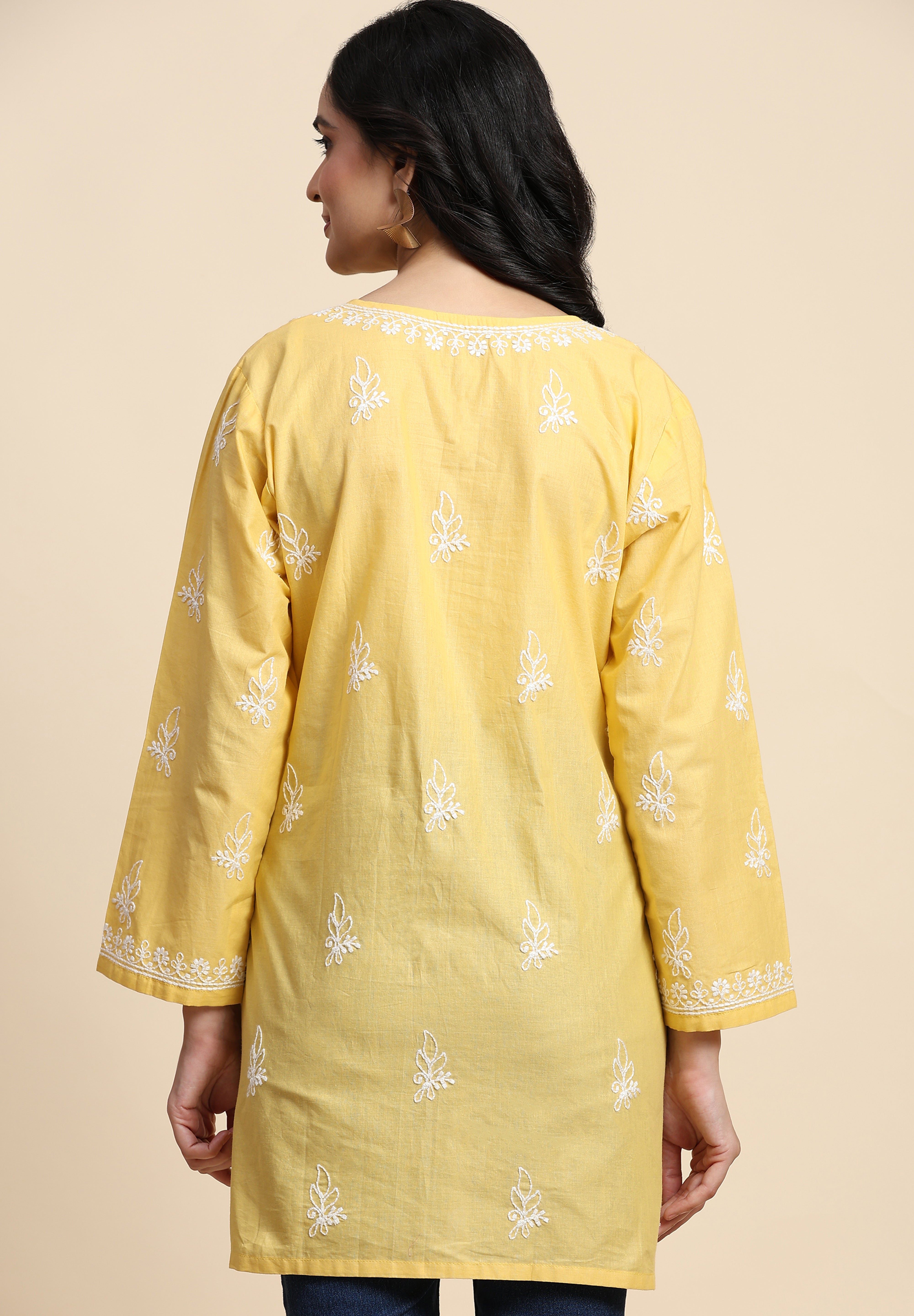 Cotton Embroidery Lucknowi Chikankari Kurta - Long Sleeve Straight Short Kurta for Women Trendmalls