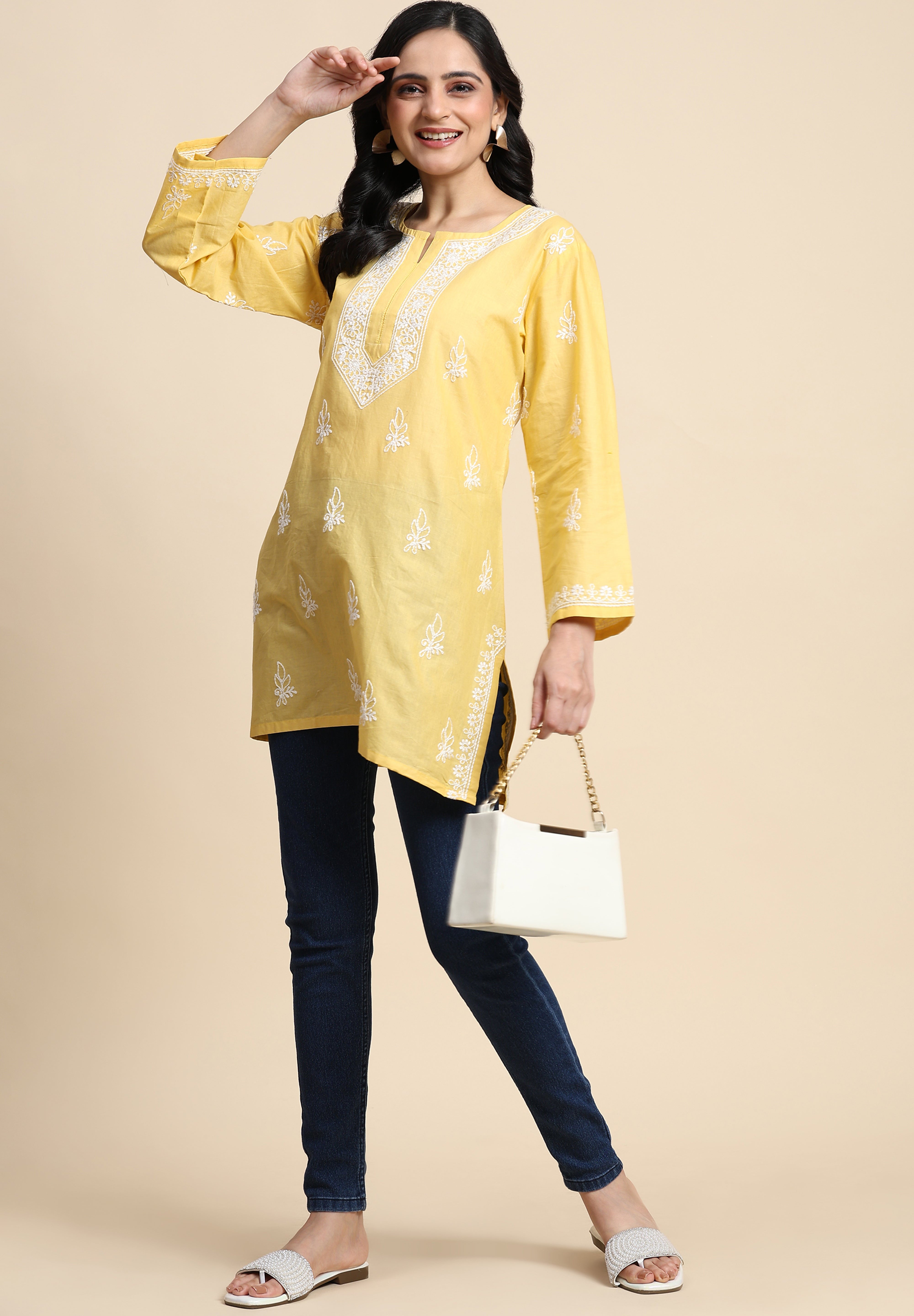 Cotton Embroidery Lucknowi Chikankari Kurta - Long Sleeve Straight Short Kurta for Women Trendmalls