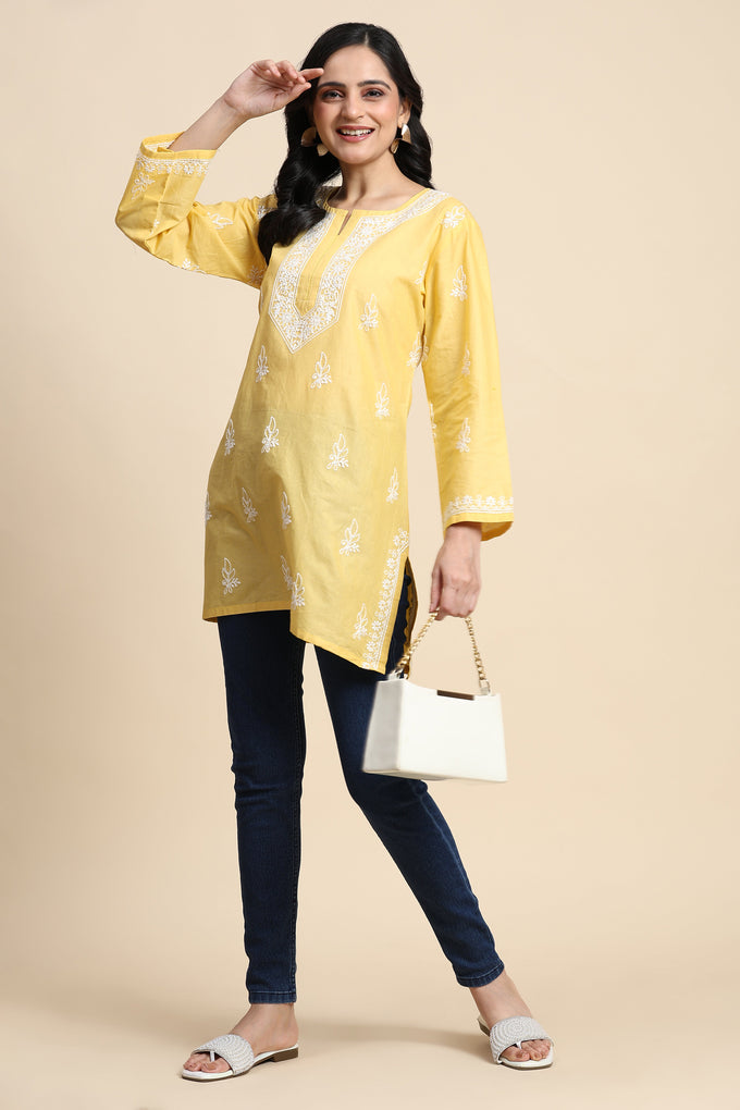 Cotton Embroidery Lucknowi Chikankari Kurta - Long Sleeve Straight Short Kurta for Women Trendmalls