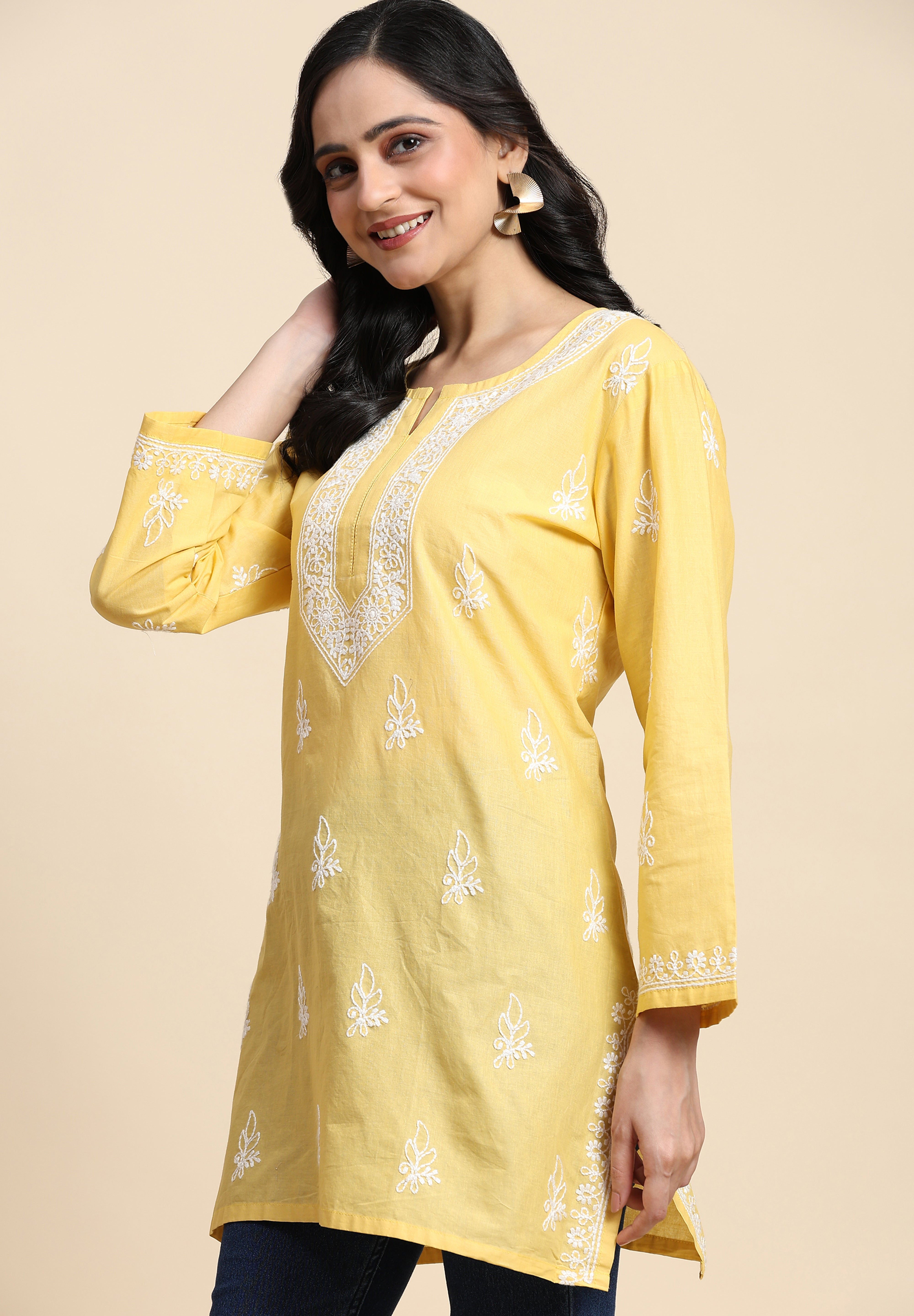 Cotton Embroidery Lucknowi Chikankari Kurta - Long Sleeve Straight Short Kurta for Women Trendmalls