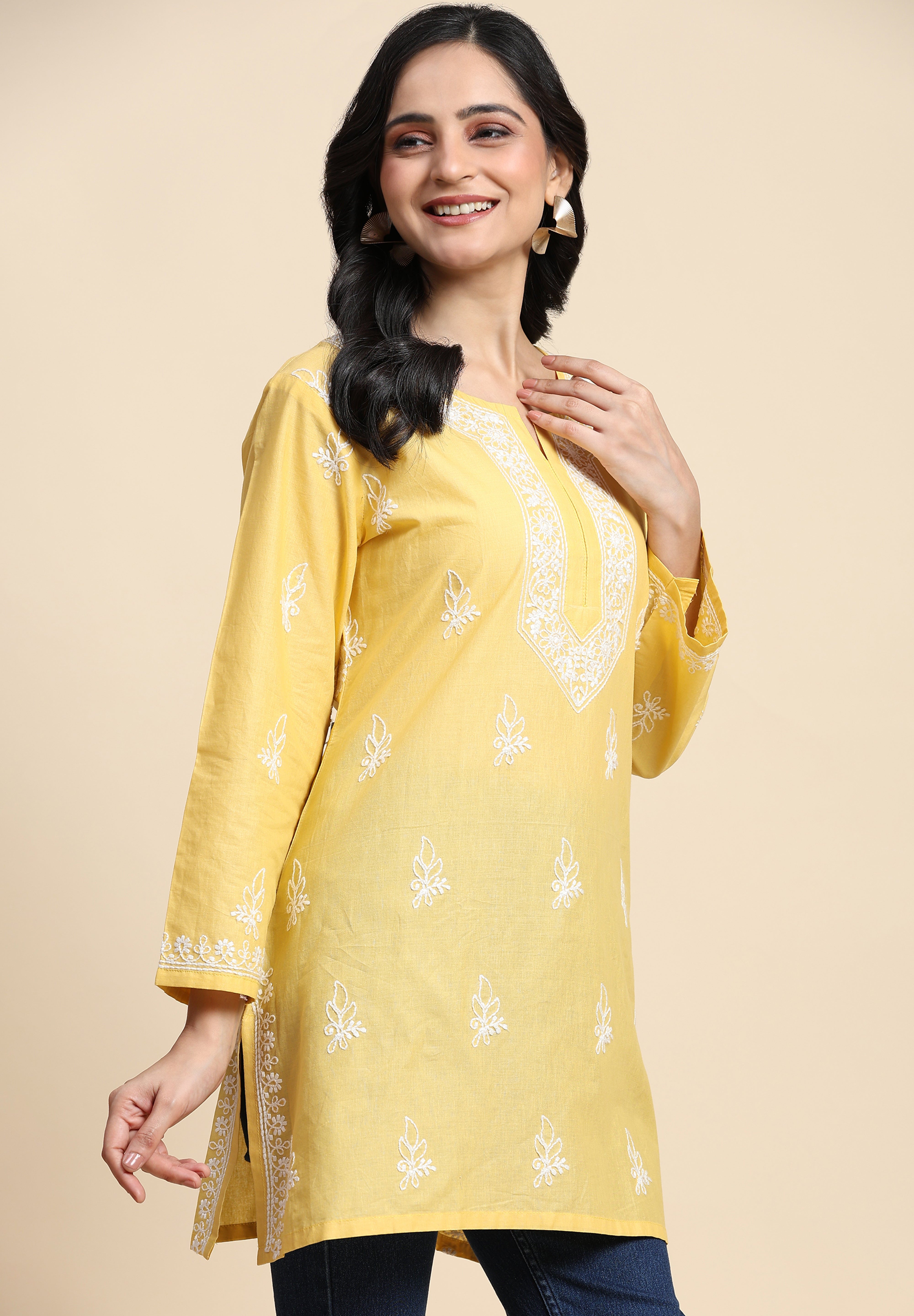 Cotton Embroidery Lucknowi Chikankari Kurta - Long Sleeve Straight Short Kurta for Women Trendmalls