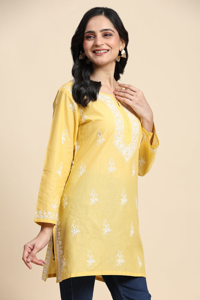 Cotton Embroidery Lucknowi Chikankari Kurta - Long Sleeve Straight Short Kurta for Women Trendmalls