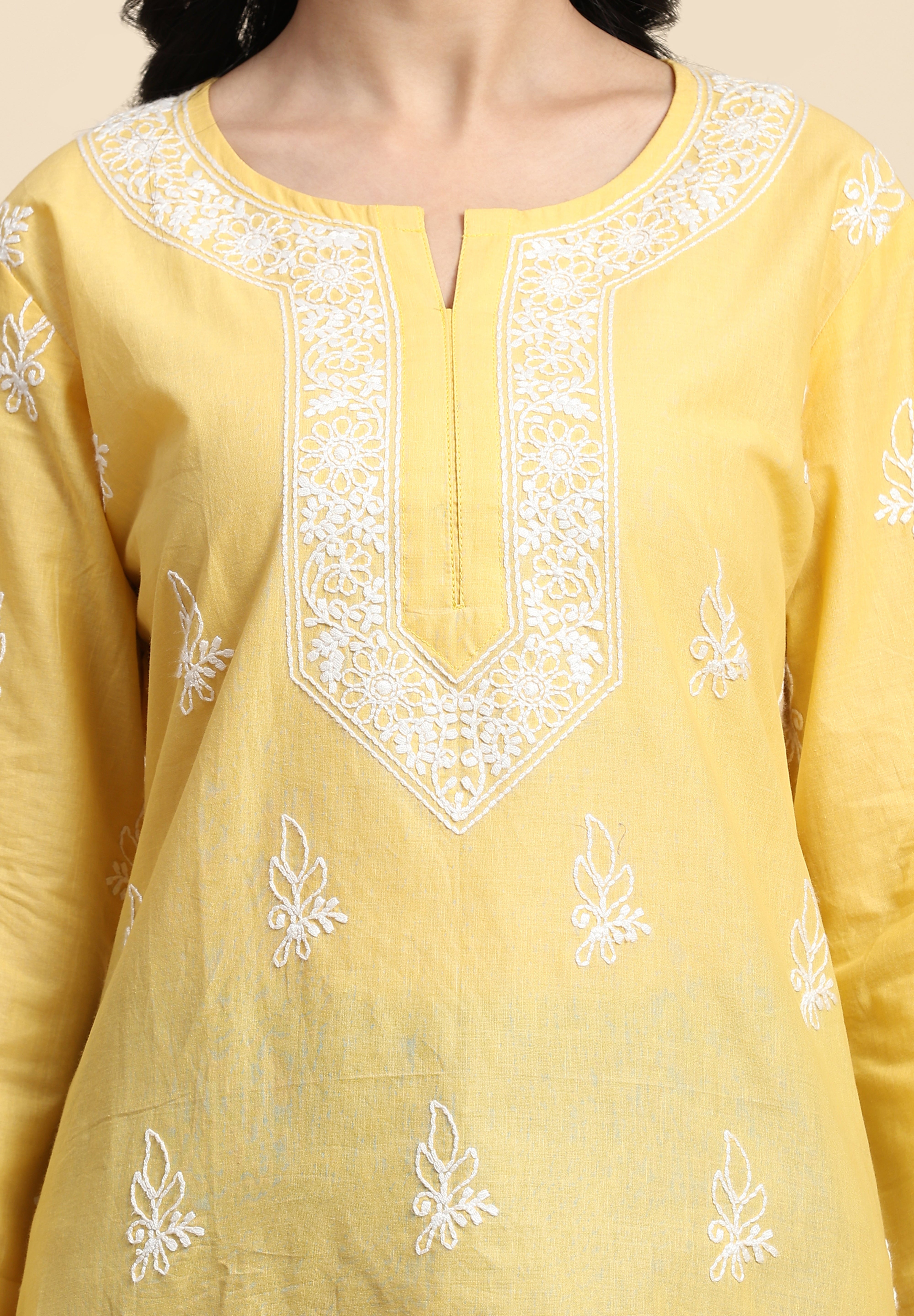 Cotton Embroidery Lucknowi Chikankari Kurta - Long Sleeve Straight Short Kurta for Women Trendmalls
