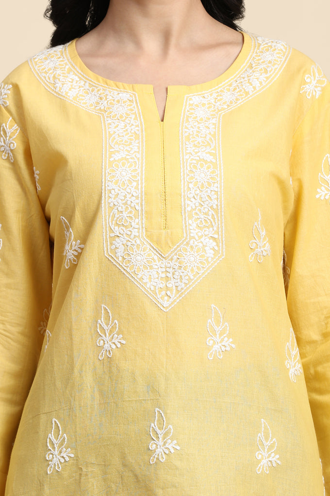 Cotton Embroidery Lucknowi Chikankari Kurta - Long Sleeve Straight Short Kurta for Women Trendmalls