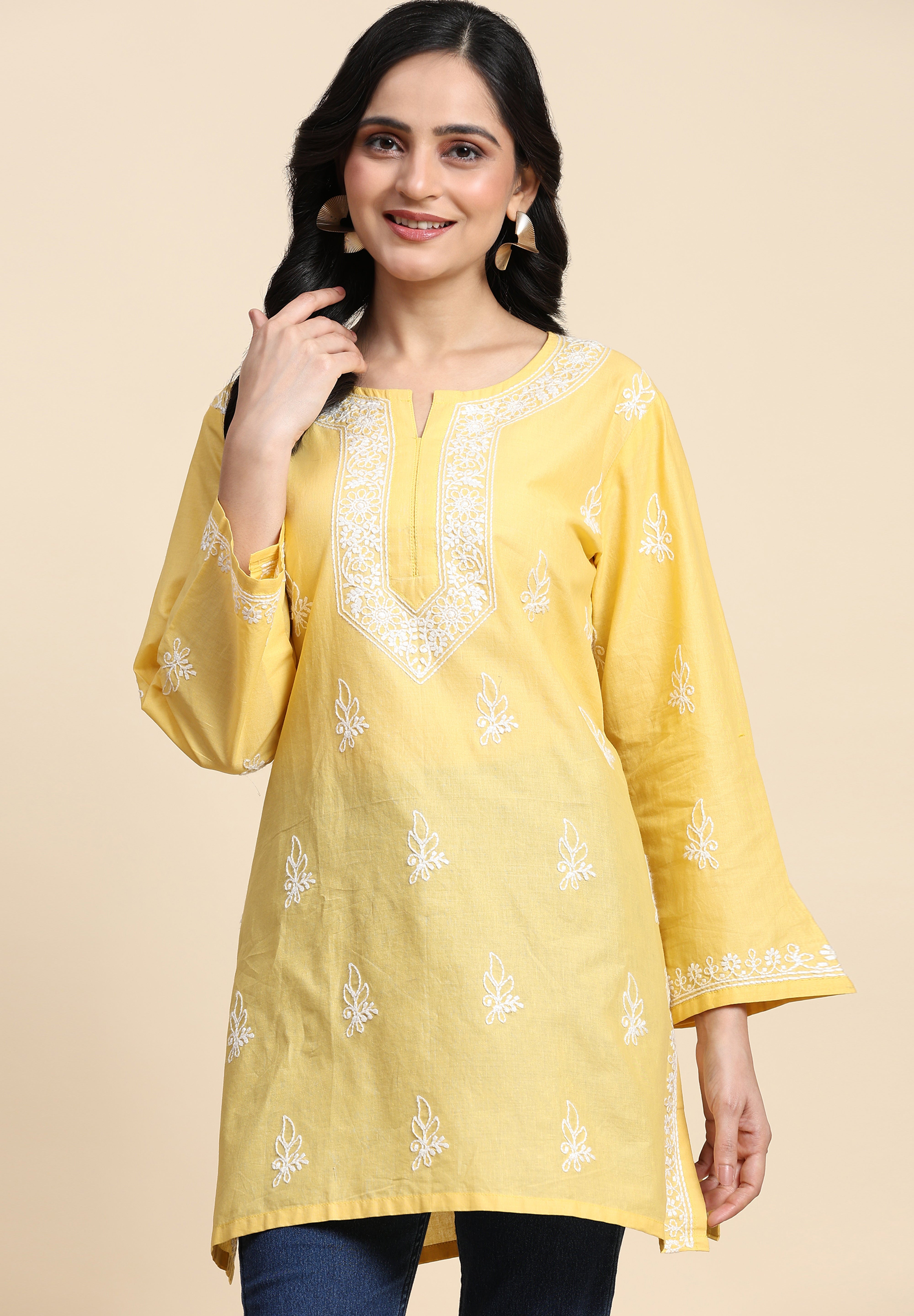 Cotton Embroidery Lucknowi Chikankari Kurta - Long Sleeve Straight Short Kurta for Women Trendmalls