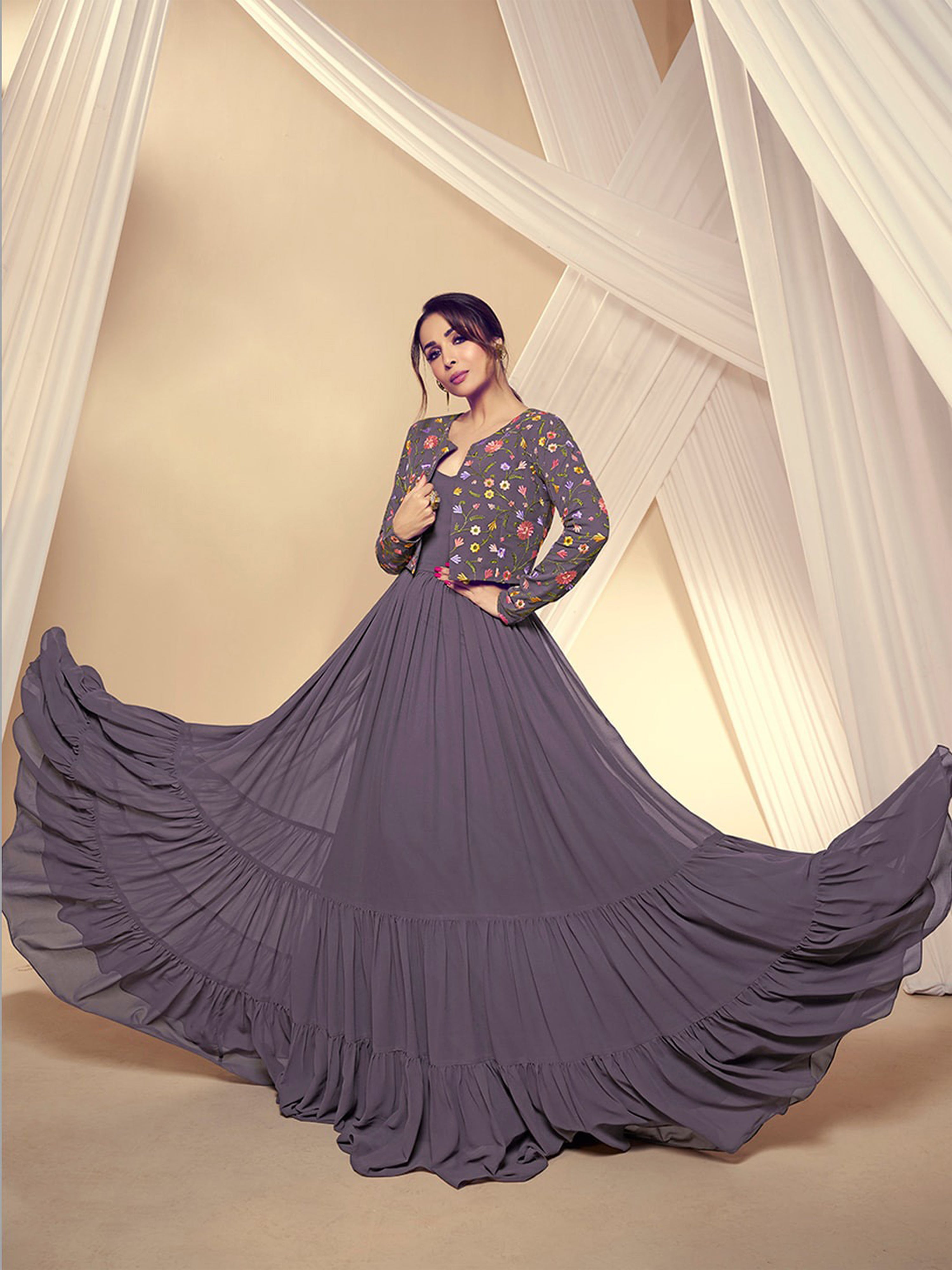 Purple Georgette Embroidery Work Anarkali Flared Kurti With Jacket For Women Trendmalls