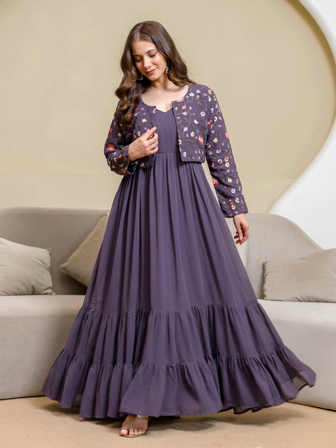 Purple Georgette Embroidery Work Anarkali Flared Kurti With Jacket For Women