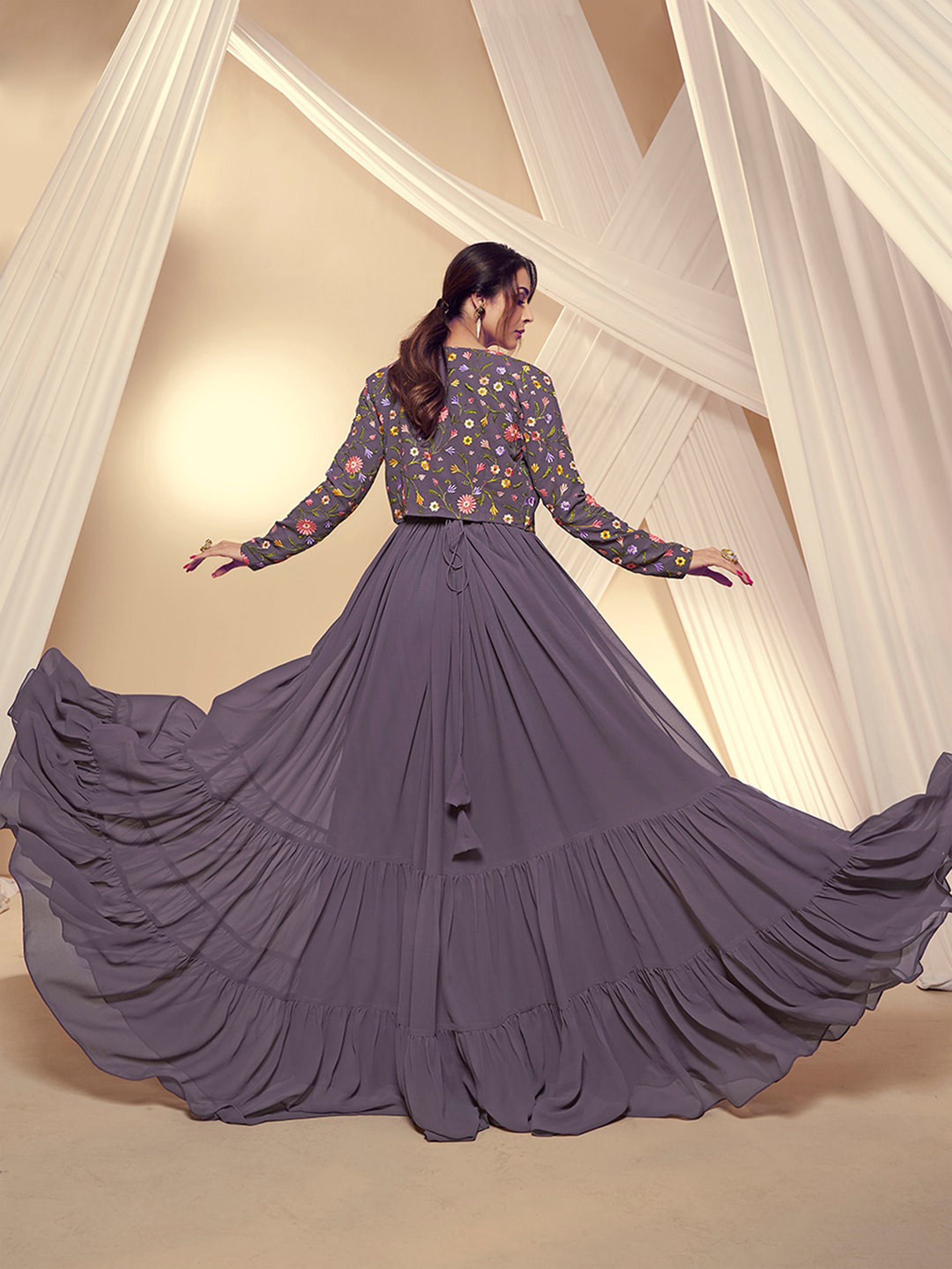 Purple Georgette Embroidery Work Anarkali Flared Kurti With Jacket For Women Trendmalls