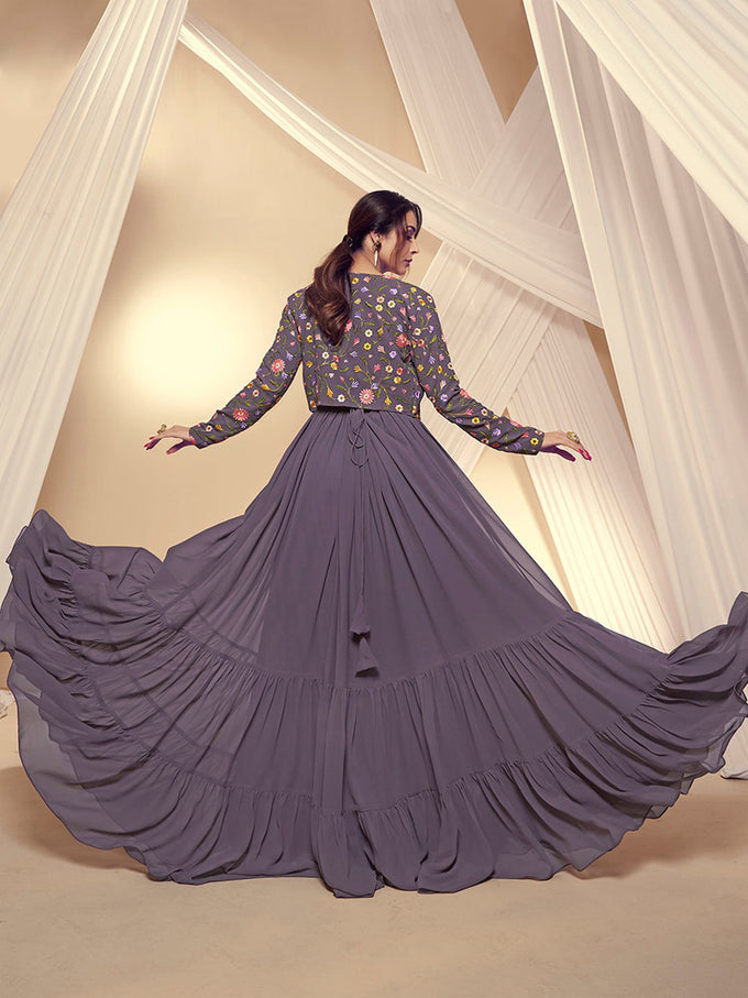 Purple Georgette Embroidery Work Anarkali Flared Kurti With Jacket For Women Trendmalls