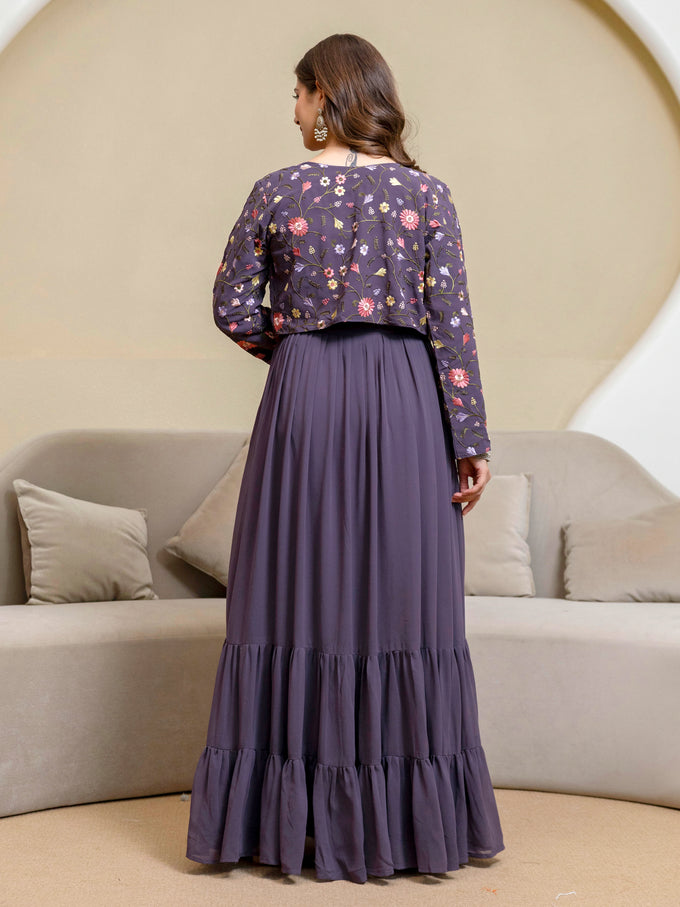Purple Georgette Embroidery Work Anarkali Flared Kurti With Jacket For Women