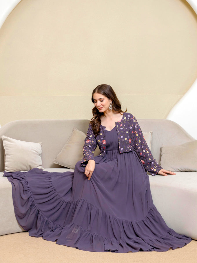 Purple Georgette Embroidery Work Anarkali Flared Kurti With Jacket For Women