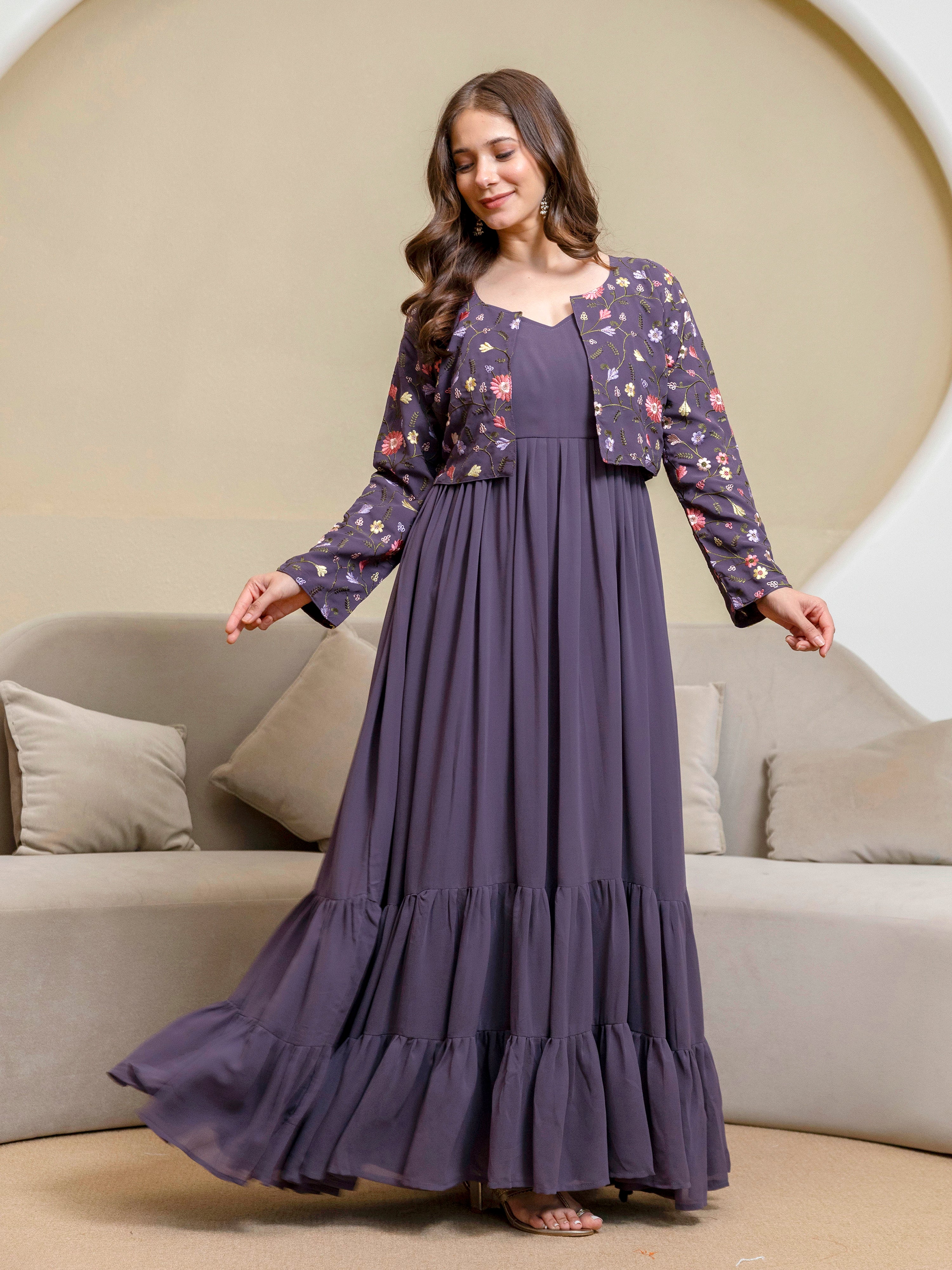 Purple Georgette Embroidery Work Anarkali Flared Kurti With Jacket For Women