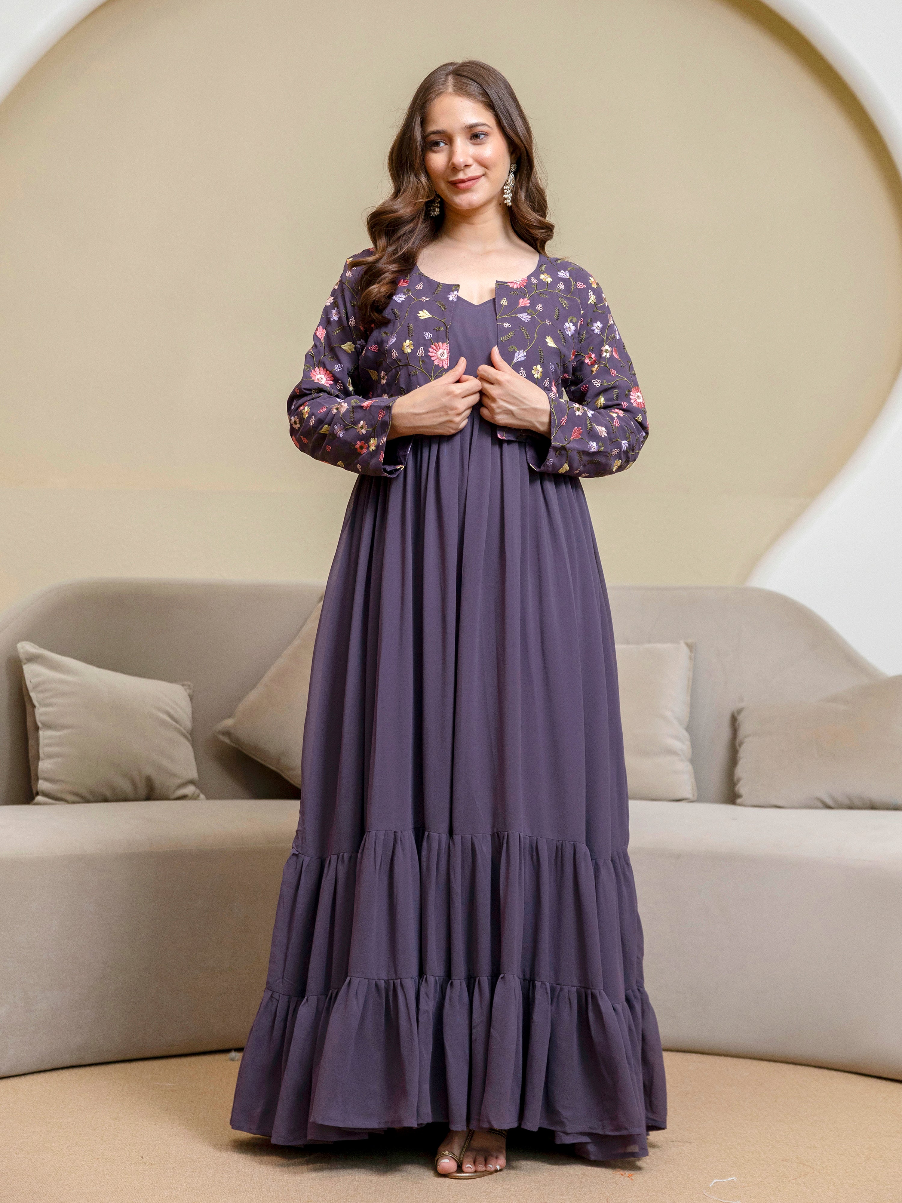 Purple Georgette Embroidery Work Anarkali Flared Kurti With Jacket For Women