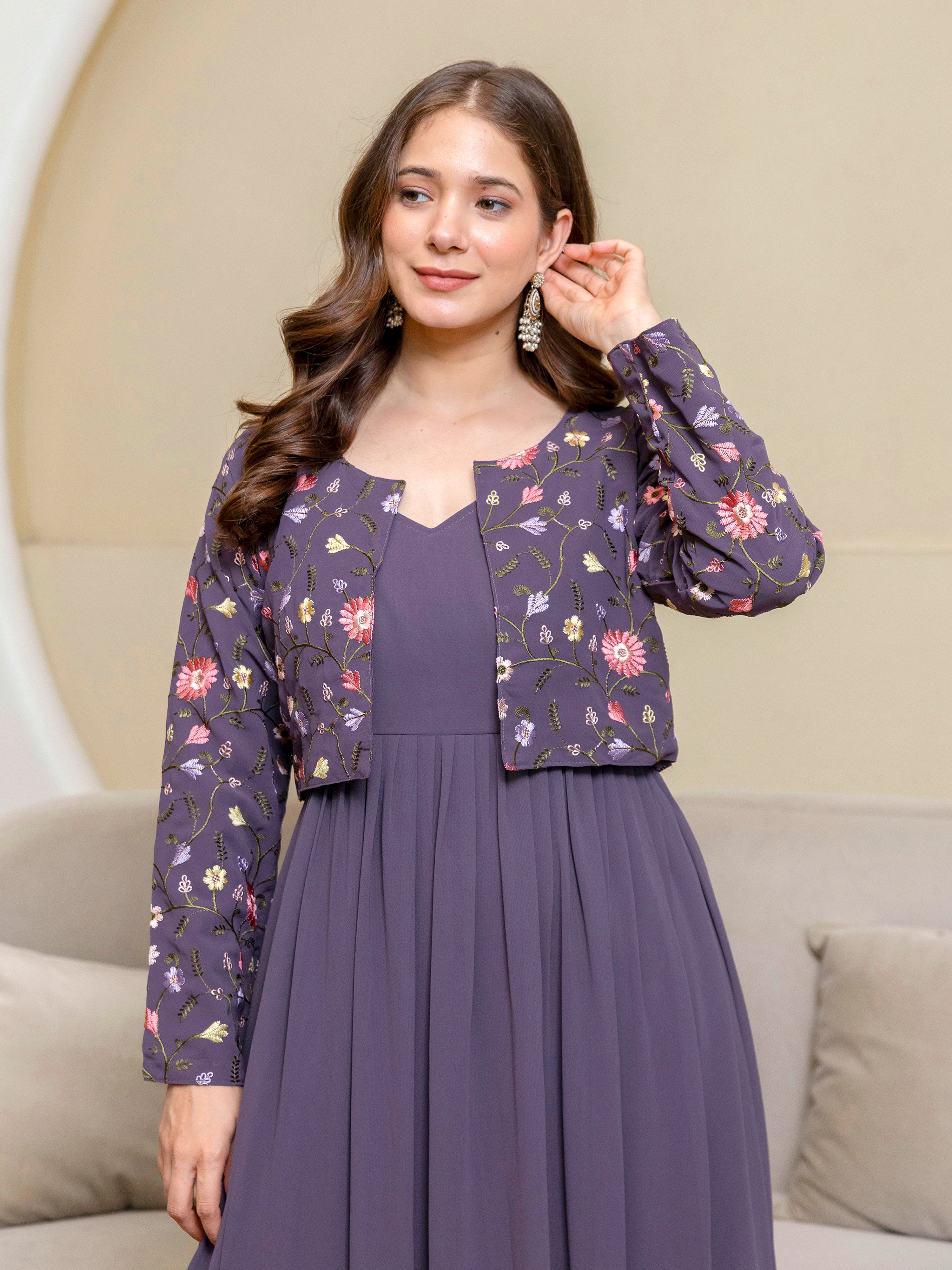 Purple Georgette Embroidery Work Anarkali Flared Kurti With Jacket For Women
